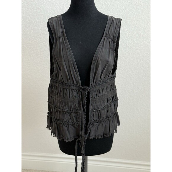 Free People Tops - Free People Smocked Vest Dark Gray Tie-Front Open V-Neck Raw Hem Women’s M